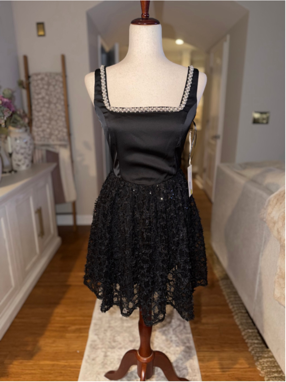 Arose Studio Black Mini Dress with Pearl Trim, Size S